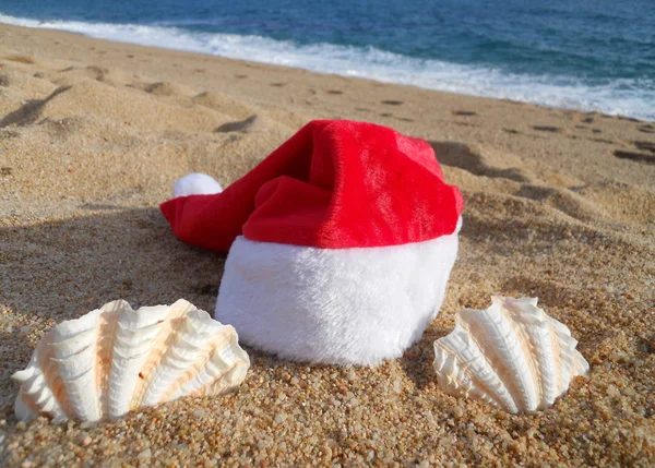 Santas hat and seashell — Stock Photo, Image