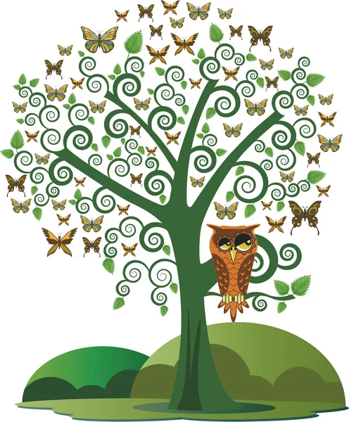 Coruja na árvore e borboletas . — Vetor de Stock