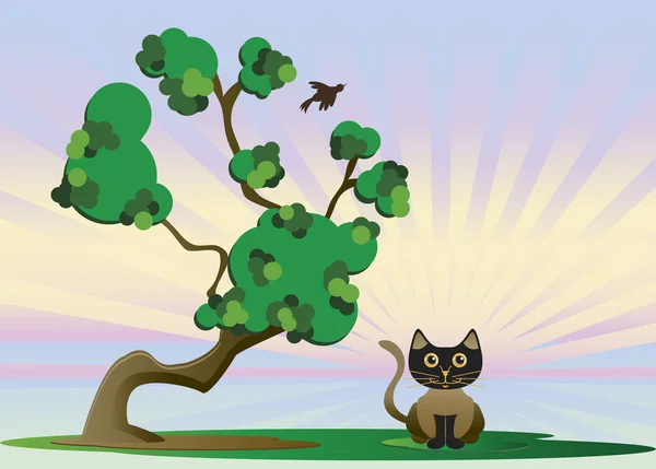Kotě pod stromem — Stockový vektor