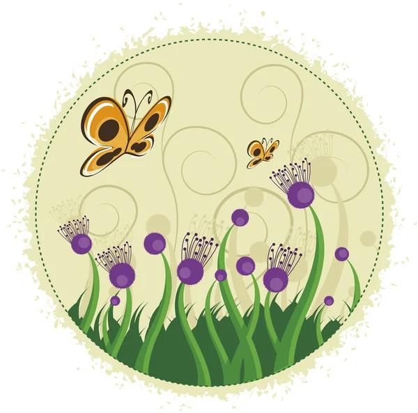 Фиолетовые цветы и бабочки . — стоковый вектор