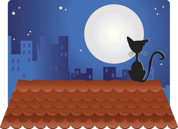 Black Cat on roof. — Stock Vector
