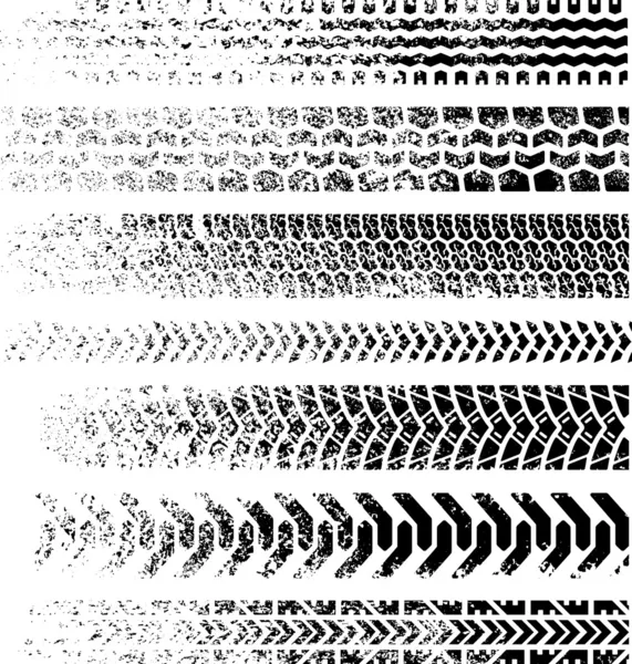 Collection de sept pistes de pneus Grunge de haute qualité en décoloration — Image vectorielle