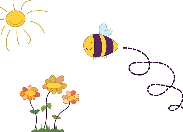 Мультфильм о пчелах, летающих над цветами — стоковый вектор
