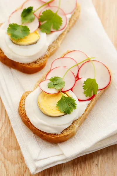 Sandwich with cream cheese, egg and radish — Stock Photo, Image