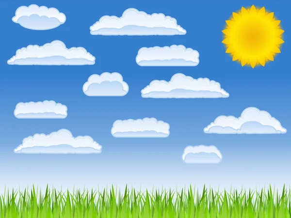 Vector verde hierba, sol y nubes — Vector de stock