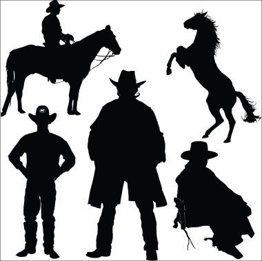 Cowboy and horse silhouettes on a white background clipart