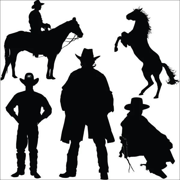 Siluetas de vaquero y caballo sobre fondo blanco — Vector de stock