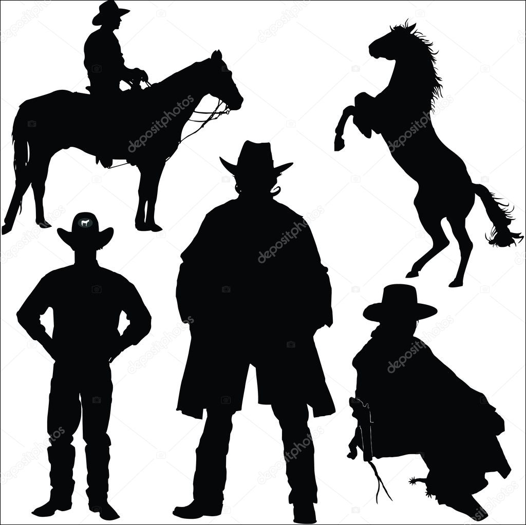 Cowboy and horse silhouettes on a white background