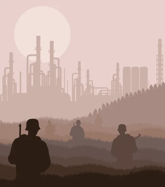 Centrale nucléaire gardée par l'armée dans un paysage sauvage illustration — Image vectorielle