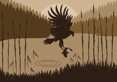 Animated osprey hunting fish in wild nature foliage illustration clipart