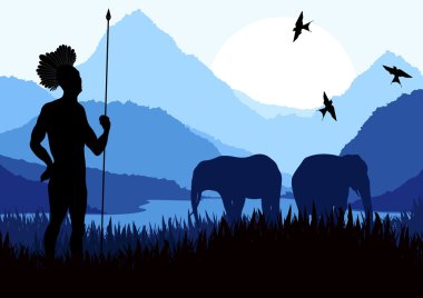 Native african hunter in wild nature landscape illustration clipart