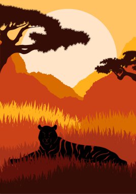 Animated cheetah hunting in wild nature landscape illustration clipart