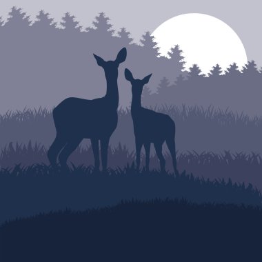 Animated rain deer family in wild night forest foliage illustration clipart