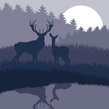 Animated rain deer family in wild night forest foliage illustration clipart