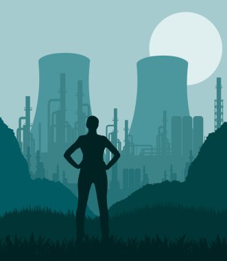 Young man in oil refinery station landscape illustration clipart