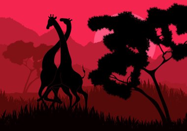 Romantic giraffe couple running in wild nature landscape illustration clipart