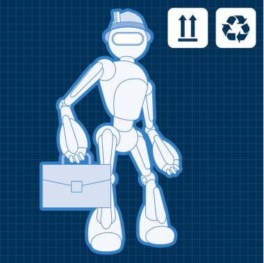 Animated construction site architect assistant robot blueprint plan clipart