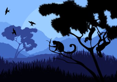 Monkey family in wild nature landscape illustration clipart