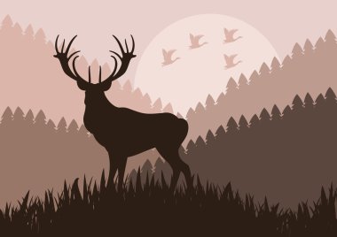 Animated rain deer in wild night forest foliage illustration clipart