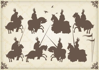 Medieval knight horseman and vintage elements vector background illustratio clipart