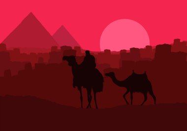 Pyramids and camel caravan in wild africa landscape illustration clipart