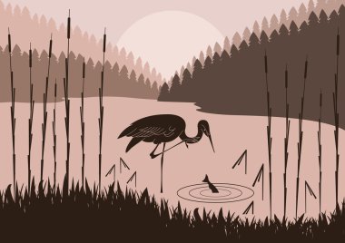 Heron in wild nature foliage illustration clipart