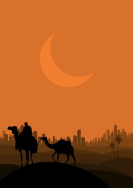 Arapça gökdelen şehir peyzaj çizimde deve binicisi