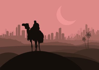 Camel rider in arabic skyscraper city landscape illustration clipart