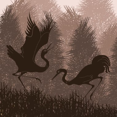 Animated crane couple in wild forest foliage illustration clipart