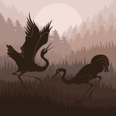 Animated crane couple in wild forest foliage illustration clipart