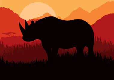 Animated rhino in wild nature landscape illustration clipart