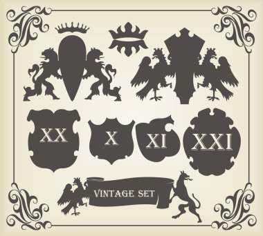 Heraldic silhouettes set of many vintage elements vector clipart