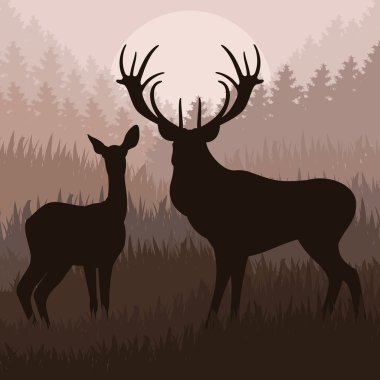 Animated deer in wild night forest foliage illustration clipart