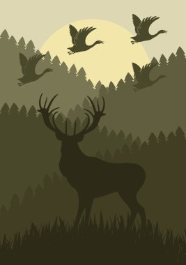 Animated deer in wild night forest foliage illustration clipart