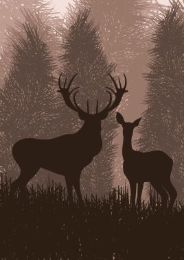 Animated deer in wild night forest foliage illustration clipart