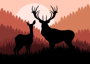 Animated rain deer in wild forest foliage illustration clipart