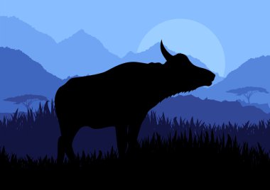 Animated water buffalo in wild nature landscape illustration clipart