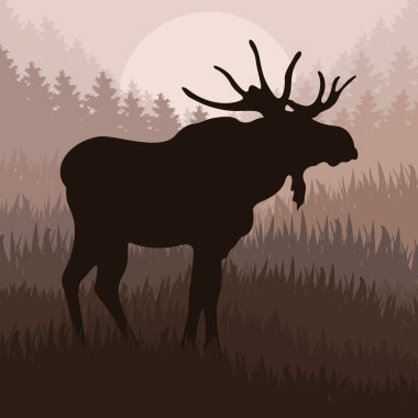 Animated moose in wild nature landscape illustration clipart