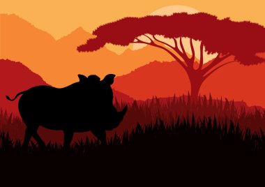 Animated rhino in wild nature landscape illustration clipart