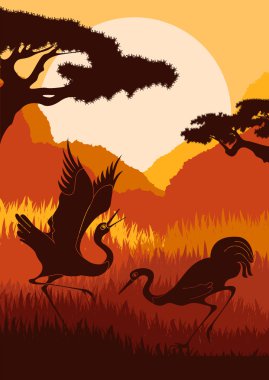 Animated crane couple in wild nature foliage illustration clipart