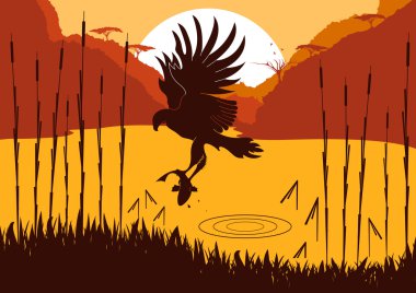 Animated osprey hunting fish in wild nature foliage illustration clipart