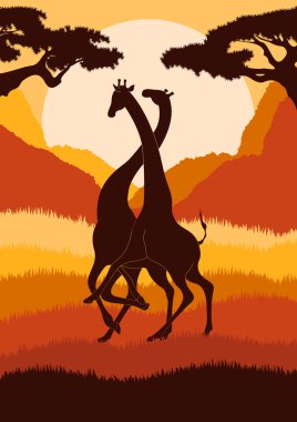 Romantic giraffe couple running in wild nature landscape illustration clipart