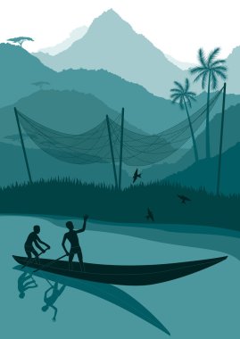 Animated fisherman's in wild nature landscape illustration clipart