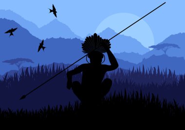 Native african warrior in wild nature landscape illustration clipart