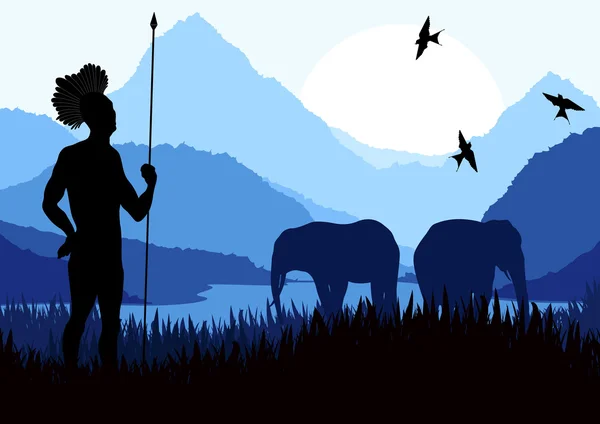 Native african hunter in wild nature landscape illustration — Stock Vector