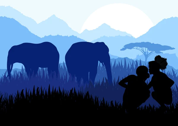 Симпатична анімована сім'я слонів у дикому африканському пейзажі — стоковий вектор