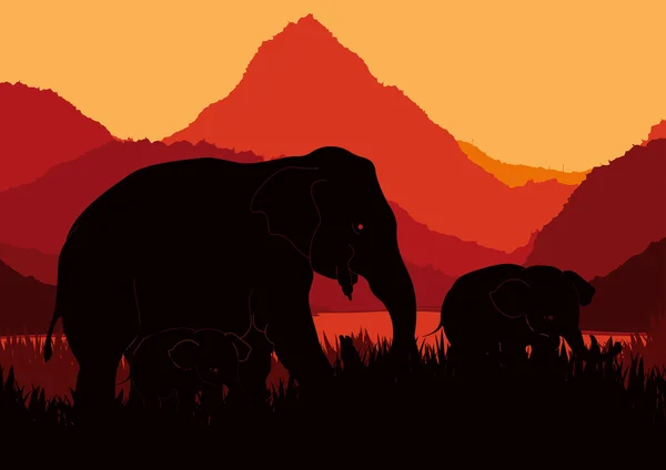 可爱的动画的大象家族在野生非洲风景 — 图库矢量图片