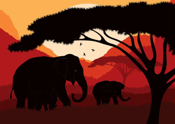 Cute animated elephant family in wild africa landscape — Stock Vector