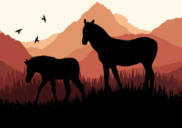 Animated horse in wild nature landscape illustration — Stock Vector