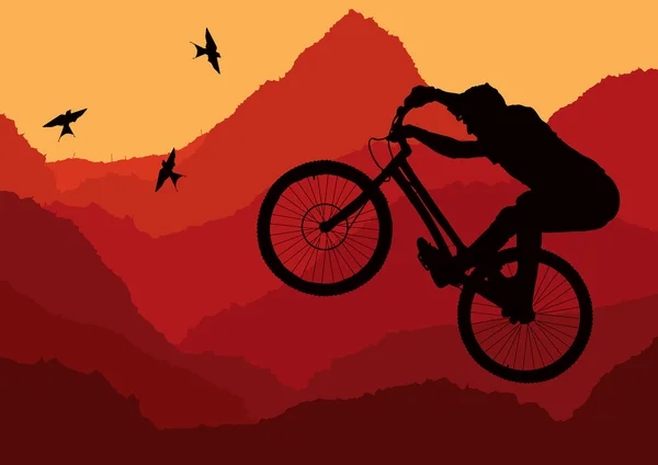 Βουνό αναβάτη ποδήλατο σε τοπίο άγριας φύσης — Διανυσματικό Αρχείο